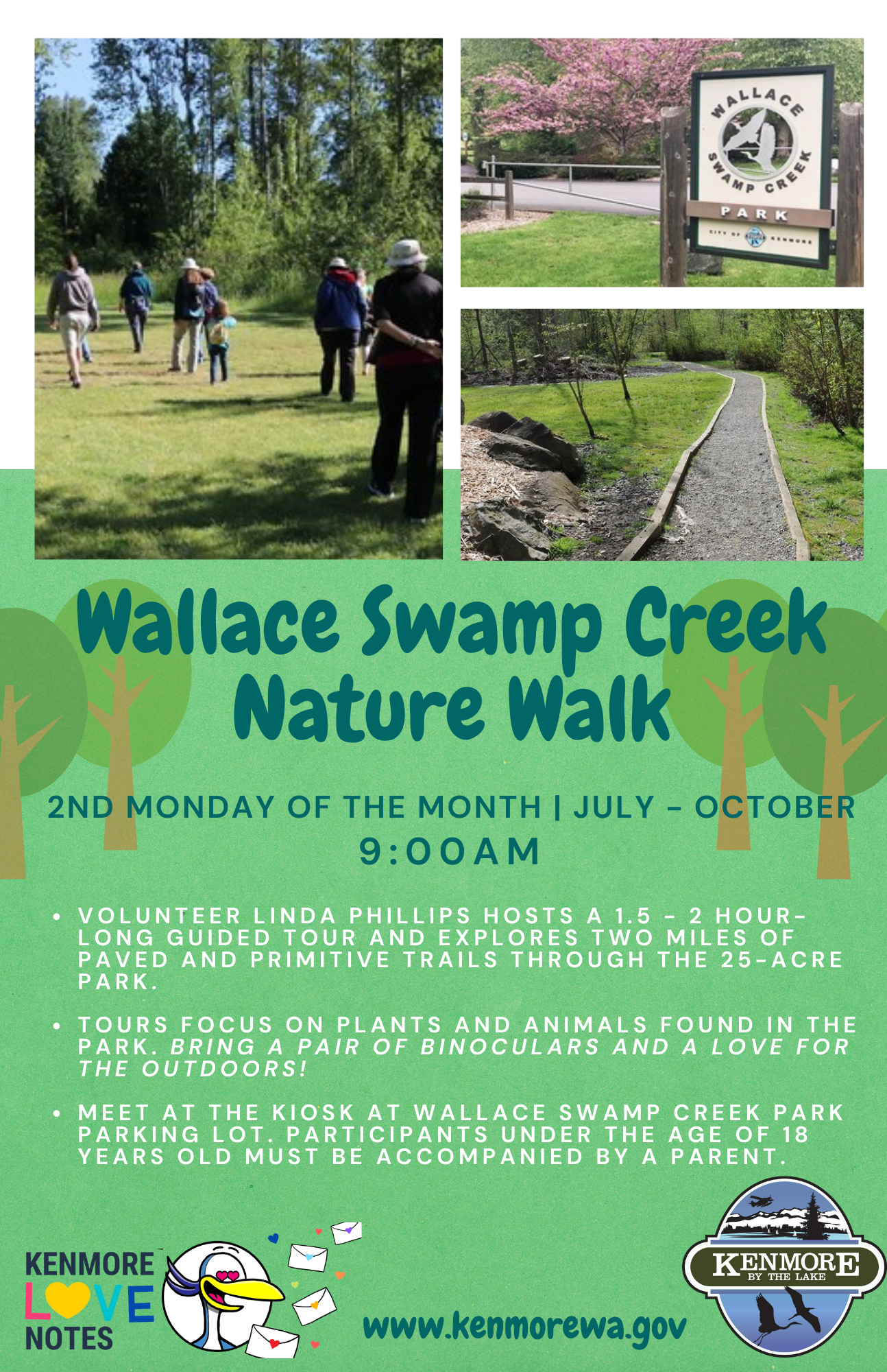 Wallace Swamp Creek Nature walk. Second Monday at 9 am July - October